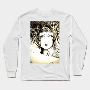 nouveau art print sketch lady floral face sepia drawing charcoal pen Long Sleeve T-Shirt